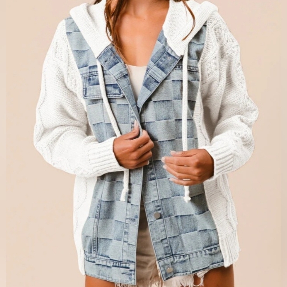BIBI Washed Checker Denim Sweater Hooded Jacket. Sz L NWT